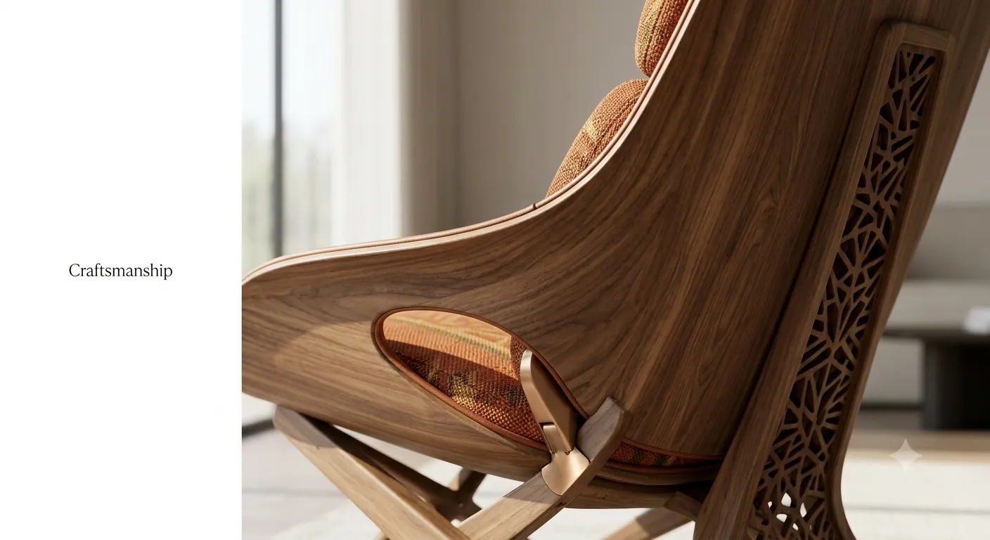 Bronze pivot, walnut lamination, textile inset